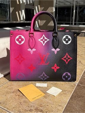LV PRINT Large GM Size Onthego Pink and Black Monogram Tote On The Go Purse